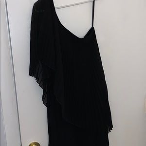 Black one shoulder cross body pleat dress